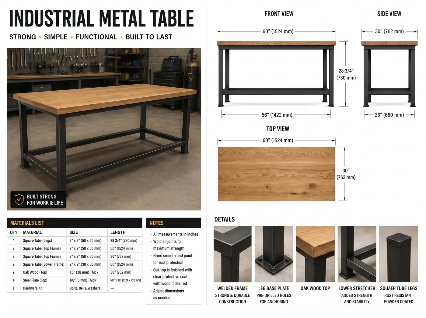 Industrial Metal Table plan sheet — dimensioned front, side and top views with materials list