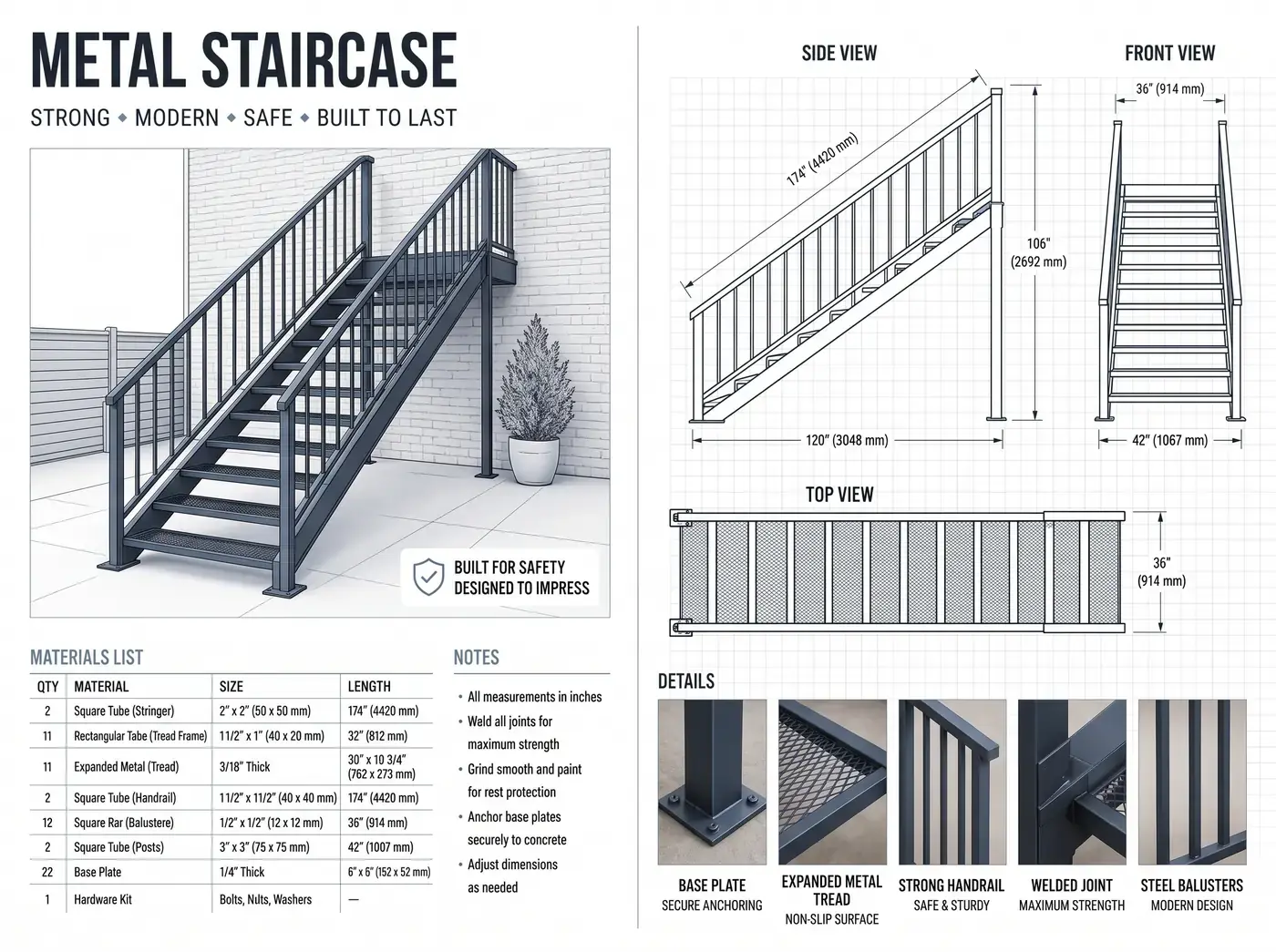 Metal Staircase plan sheet — dimensioned front, side and top views with materials list