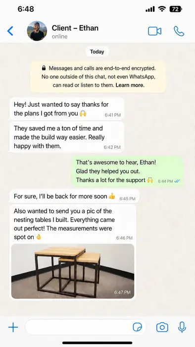 Customer message from Ethan praising the metalworking plans