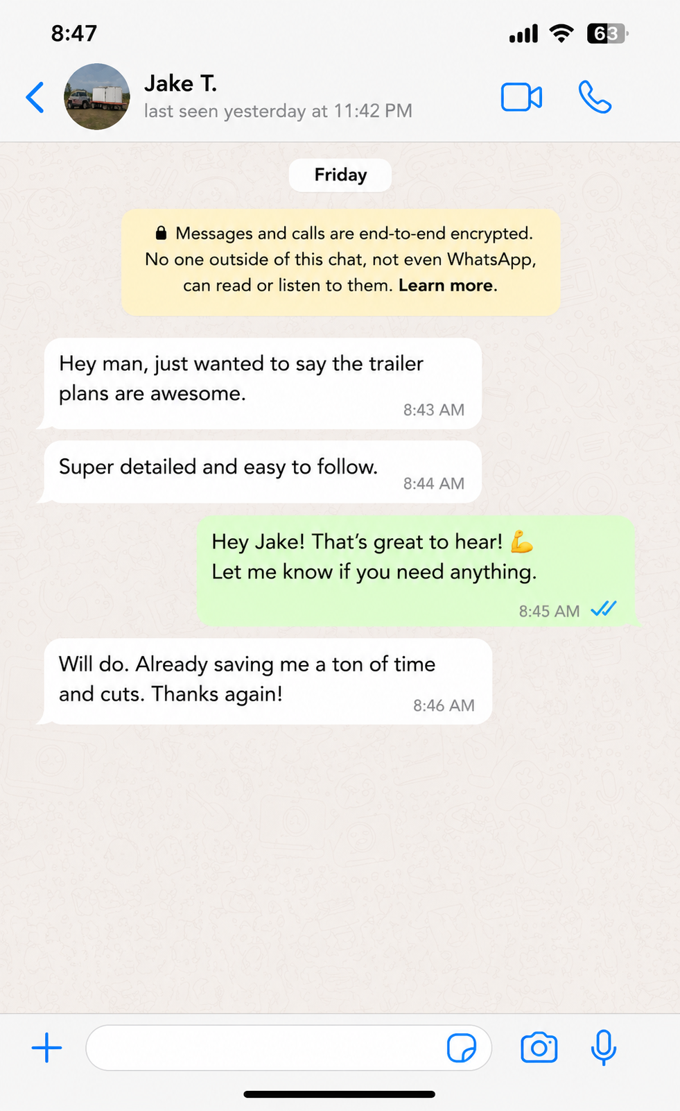 Customer message from Jake praising the trailer plans